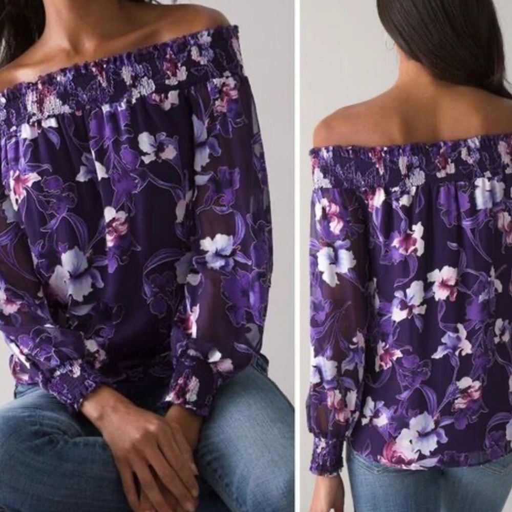 White House Black Market Silk Burnout Off The Shoulder Blouse Purple